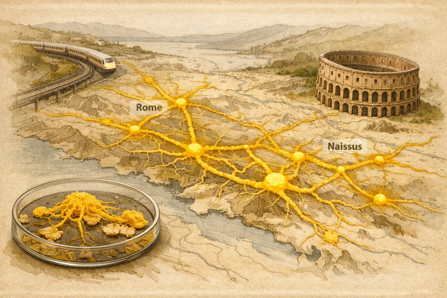 Illustrated slime mould network spreading across a geographic map